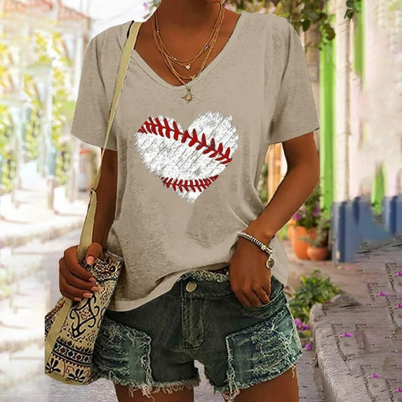 Brown Womens Blouses Women's Baseball Festival Solid Color Baseball Printed V Neck Short Sleeved Top Ladies Tops and Blouses
