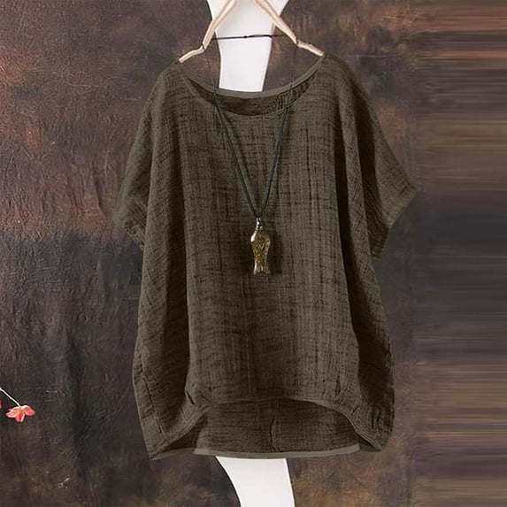 Brown Womens Blouses Women's Summer Short Sleeve Solid Casual Loose Linen Top Ladies Tops and Blouses