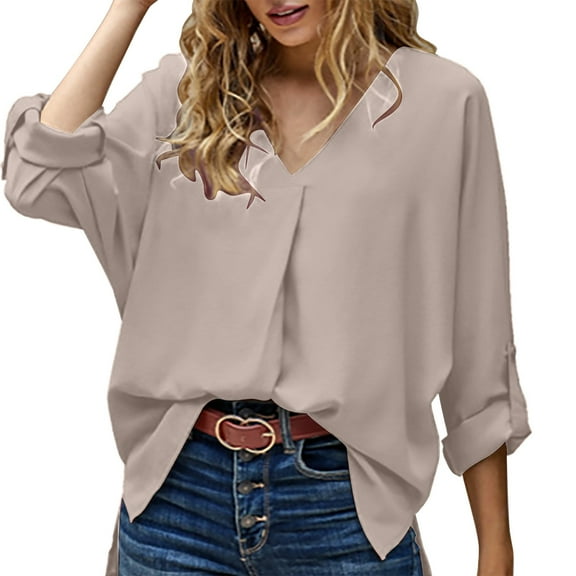Brown Womens Blouses Womens Summer 3/4 Bell Sleeve V Neck Chiffon Soft Solid Casual Tops and Blouses Loose Fit Fashion Shirts Ladies Tops and Blouses