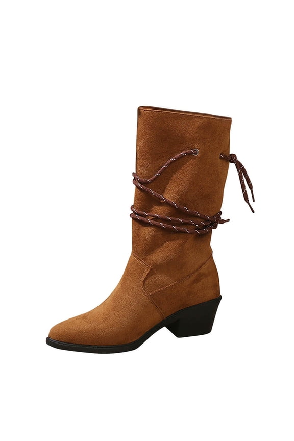 Brown Womens Boots Mid Heel Mid Calf Winter Solid Color Retro Versatile Non-Slip Stable Durable Casual Outdoor Everyday Wear Footwear Size 36