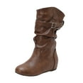thumbnail image 1 of Brown Womens Boots With Inner Height Increase Belt Buckle And Round Toe Mid Calf For Chic And Comfortable Winter Wear, 1 of 9