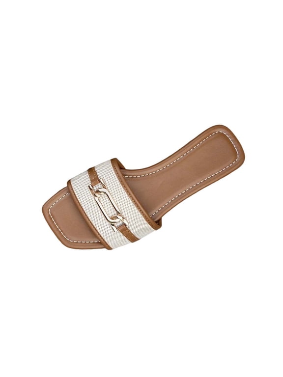 Brown Womens Brown Pu Flat Sandals With A Shiny Metal Buckle And Square Open Toe For A Relaxed Casual Vibe