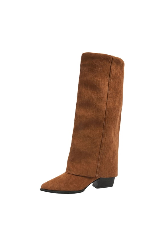 Brown Womens Casual Long Trouser Boots Solid Color Pointed Toe Leg Thick Heel Square Heel High Heel Knee High Boots Brown