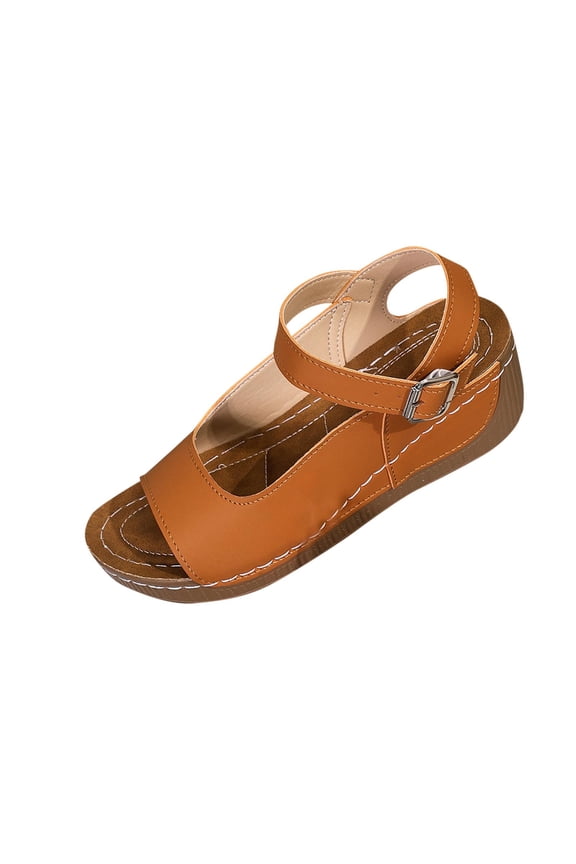 Brown Womens Casual Strap Buckle Wedge Heel Sandals Fashion Comfortable Beach Slippers Pu Shoes 1Pc Without Shoe Box Heel Height 2.36 Inches Size 39 Eu Foot Length 9.65 Inches