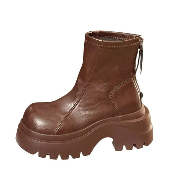 Brown Womens Casual Winter Thick Sole Short Tube Round Toe Height Increasing Boots For Outdoor And Indoor Comfortable One Pair Shoes Pu Material Size 38