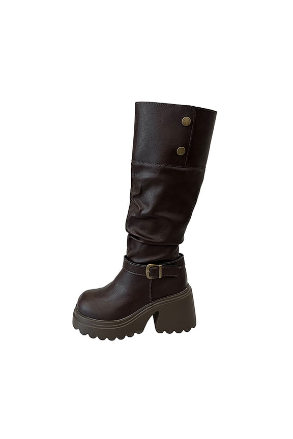 Brown Womens Casual Winter Vintage British Style Thick Sole Chunky Heel Western Knight Boots Stacked Martin Boots