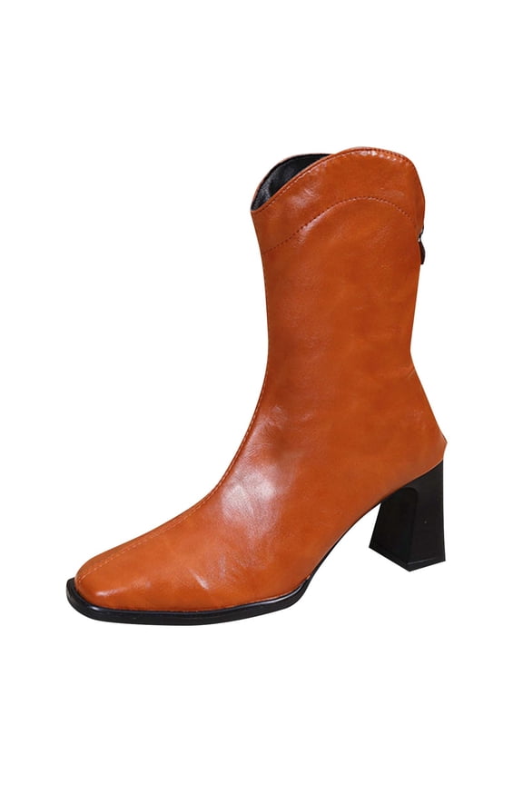 Brown Womens Chunky Heel Square Toe Boots Fall Lightweight Comfortable Slip On Ankle Booties