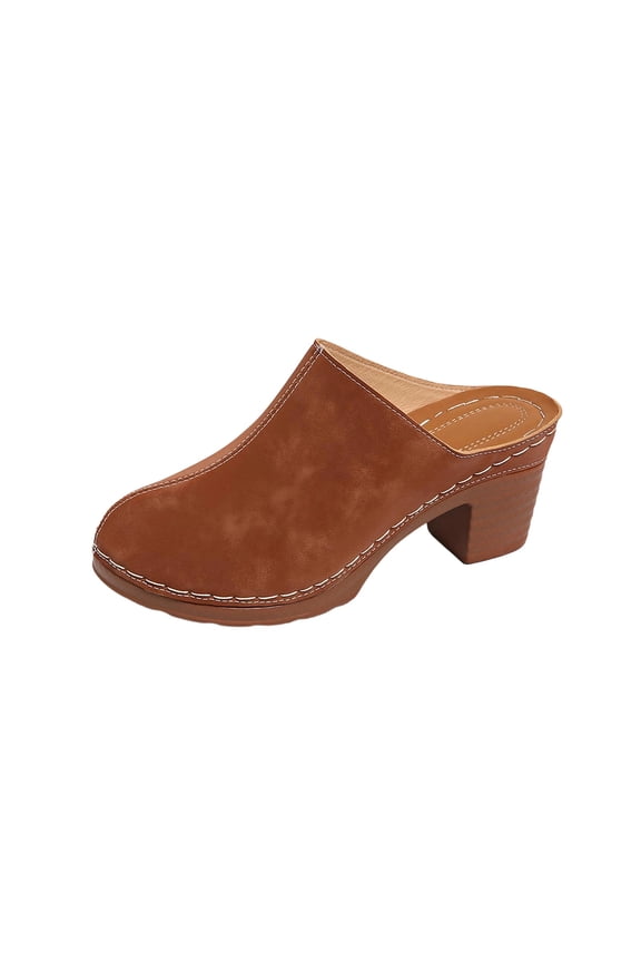 Brown Womens Clog Mules Block Heel Closed Toe Casual Faux Leather Contrast Stitching Cushioned Footbed Slip On Size 37 Foot Length 9.25 Inches