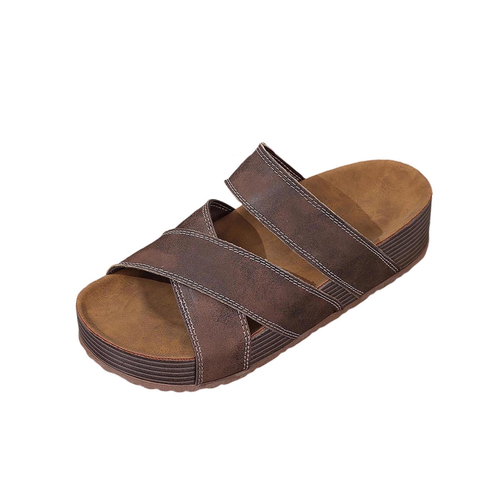 Brown Womens Cross Strap Slippers Chunky Sole Breathable Flat Slides ...
