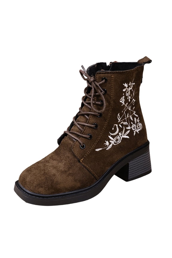 Brown Womens Embroidered Combat Boots Lace Up Round Toe Chunky Heel Thick Sole Side Zipper