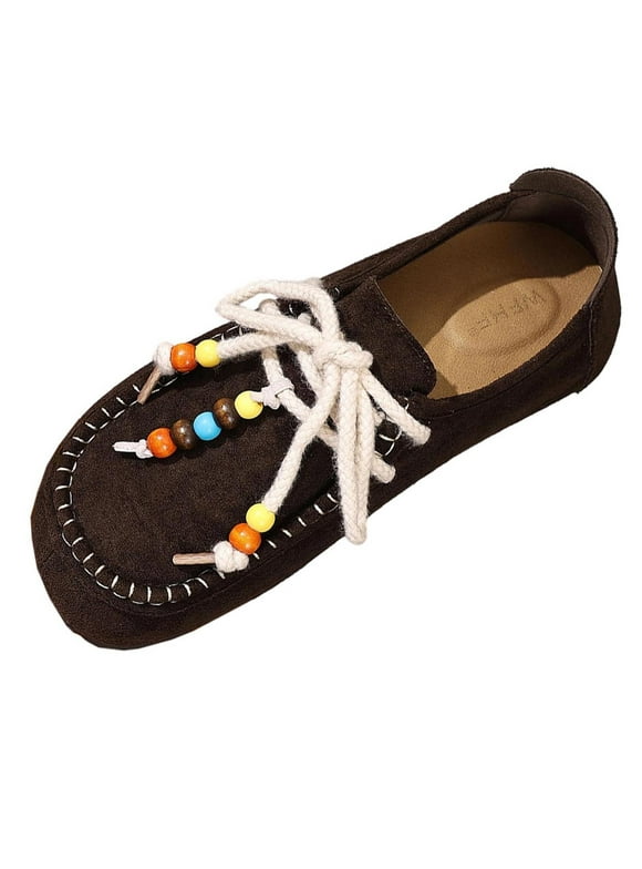 Brown Womens Ethnic Style Moccasin Slippers Flat Shoes Beaded Rope Lacing Soft Upper Casual Outdoor Indoor Wear Size 5.5