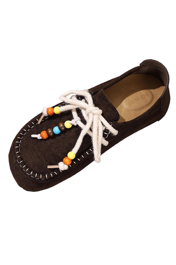 Brown Womens Ethnic Style Moccasin Slippers Flat Shoes Beaded Rope Lacing Soft Upper Casual Outdoor Indoor Wear Size 5.5