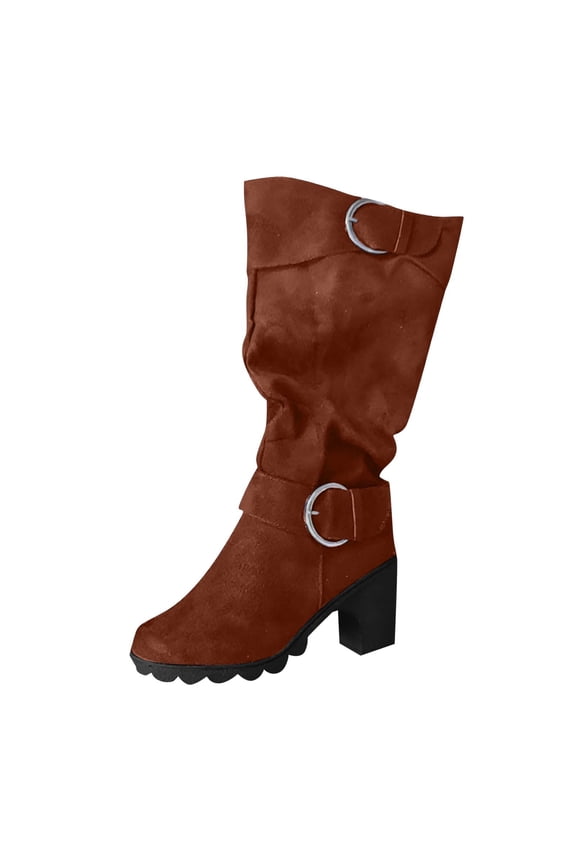 Brown Womens Fall Mid Calf Chunky Heel Boots Casual Lightweight Comfortable Booties