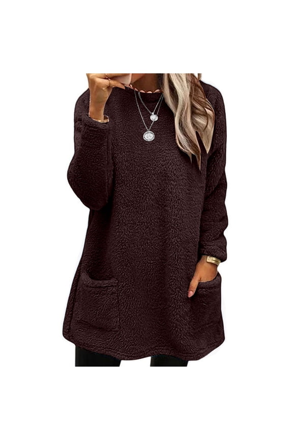 Brown Womens Fall Tops Womens Winter Coat Loose Wool Jacket Long Sleeved Jumper with Pockets Sweaters for Women