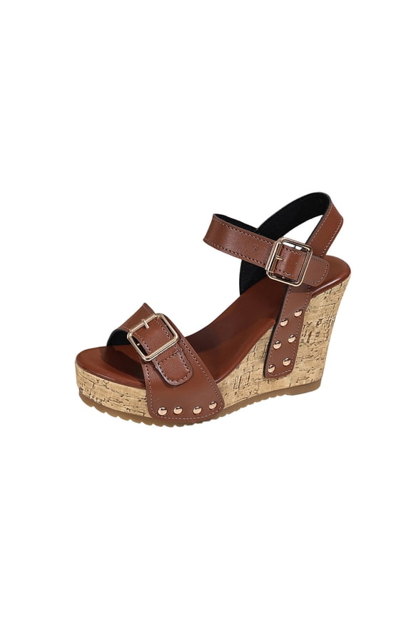 Brown Womens Fashion Casual Comfortable Plus Size Solid Color Peep Toe Open Toe Strap Wedge Sandals Size 37 Eu 37 Uk 4 Us 6 Foot Length 23.5Cm 9.25In