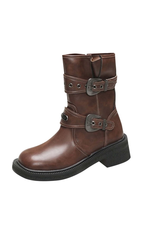 Brown Womens Fashion Short Ankle Boots With Buckle For Casual Fall Winter Use