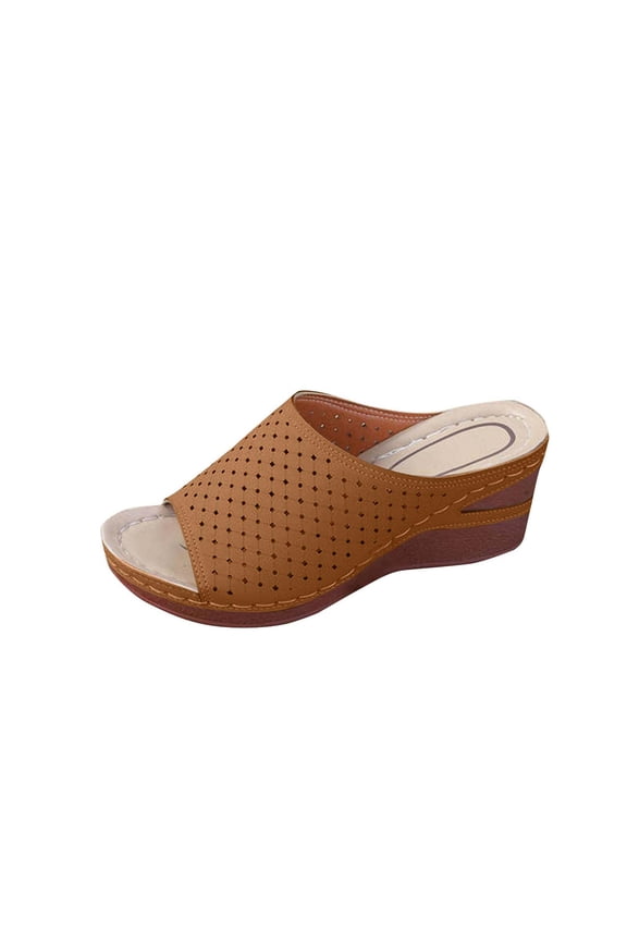 Brown Womens Fish Mouth Sandals Wedge Hollow Out Slip On Spring Summer Shoes
