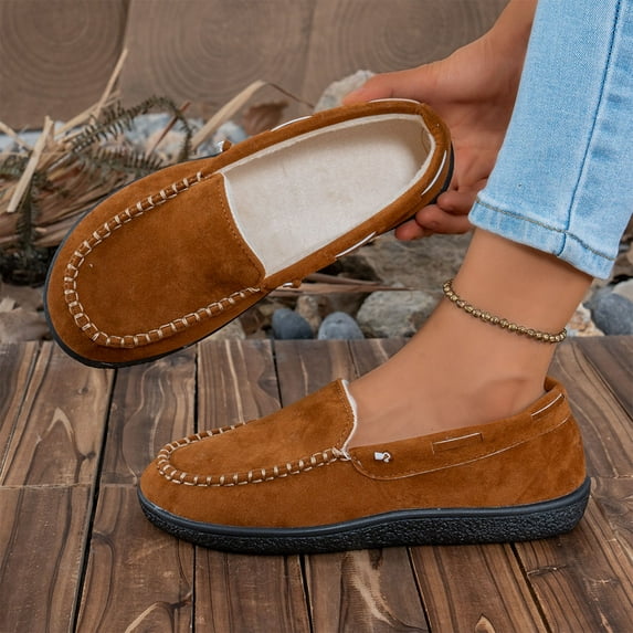 Brown Womens Flat Shoes Moccasin Style Decorative Stitching Fleece Lined Solid Color Slip On Versatile Everyday Light Office Wear Size 43