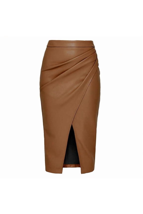 Brown Womens High-Waist Ruched Faux Leather Midi Skirt With Wrap Front And Front Split