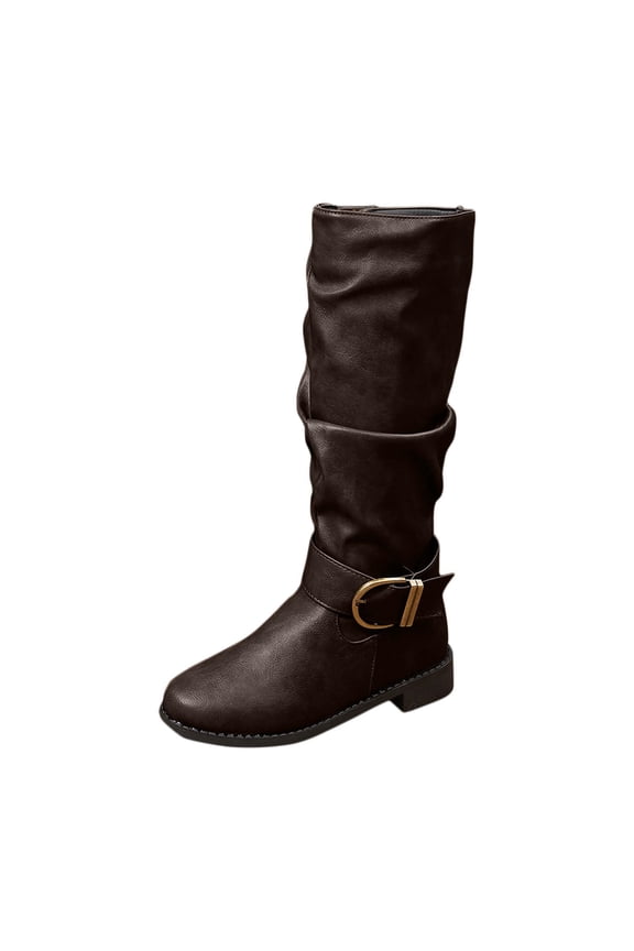 Brown Womens Knee Boots Buckle Strap Thick Heel Round Toe Casual Winter Comfort Outdoor Indoor Low Heel For Ladies Walking Size 42