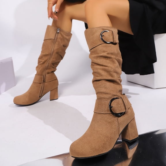 Brown Womens Knee High Boots Round Toe Side Zipper Solid Color Chunky Heel Mid Calf Pumps Versatile Everyday Casual Light Soft Wear Size 42