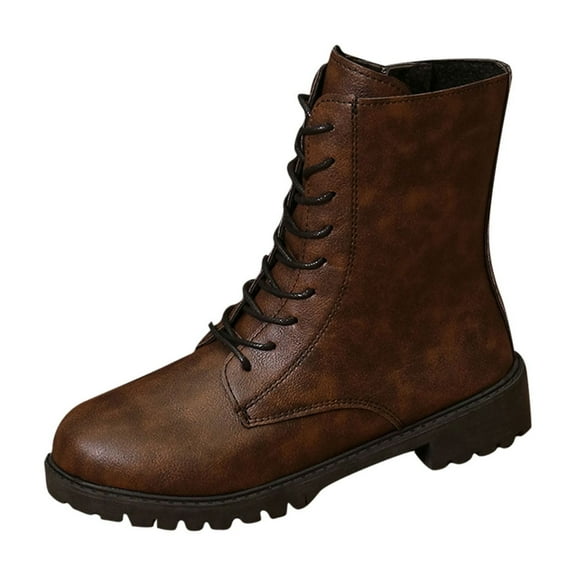 Brown Womens Lace-Up Boots With Mid Heel And Round Toe For Stylish Casual Wear And All-Day Comfort