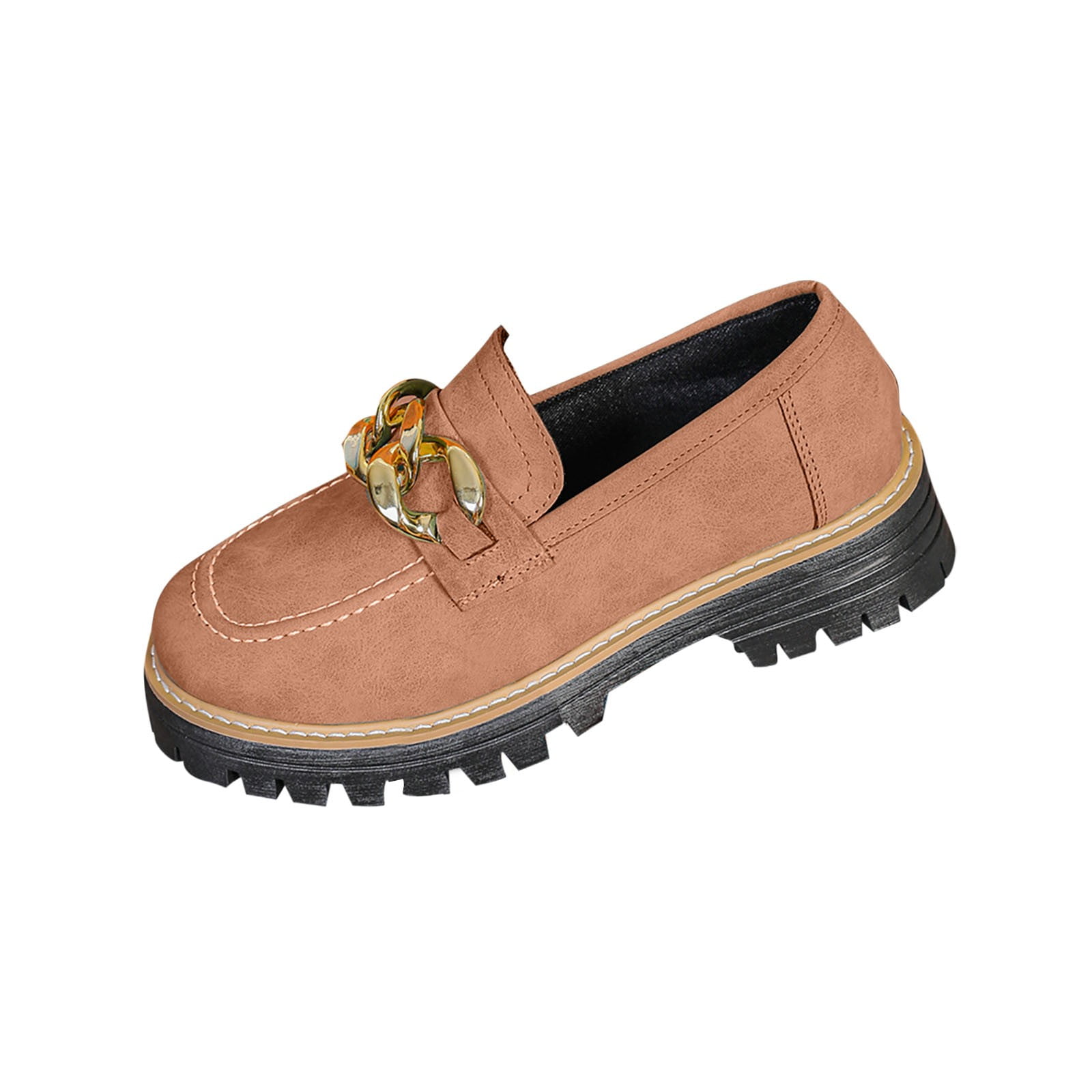 Brown Womens Loafers With Round Toe Thick Heel Thick Sole Frosted ...