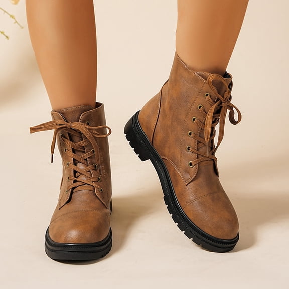 Brown Womens Martin Boots Solid Color Round Toe Ankle Front Lacing Chunky Low Heel Stylish Casual Cold Weather Light Outdoor Wear Size 38