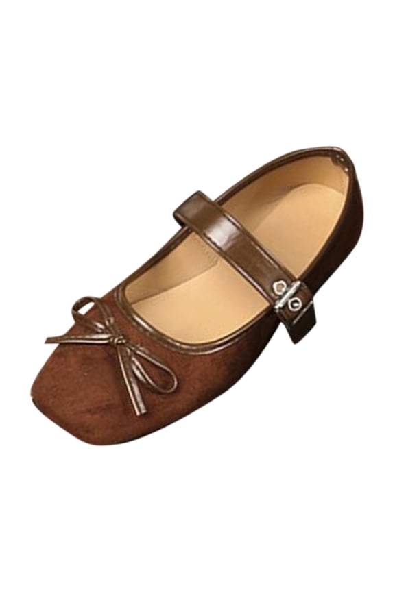 Brown Womens Mary Shoes Bow Knot Cap Toe One Strap Buckle Flat Versatile Comfortable Lightweight Breathable For Spring Summer Everyday Wear Size 38