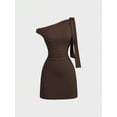 thumbnail image 1 of Brown Womens One Shoulder Ruched Bodycon Mini Dress With Tie Detail, 1 of 6