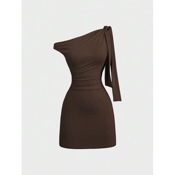 Brown Womens One Shoulder Ruched Bodycon Mini Dress With Tie Detail