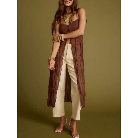 Brown Womens Open-Front Longline Cover-Up Dress With Spaghetti Straps And V-Neck Flowy Silhouette