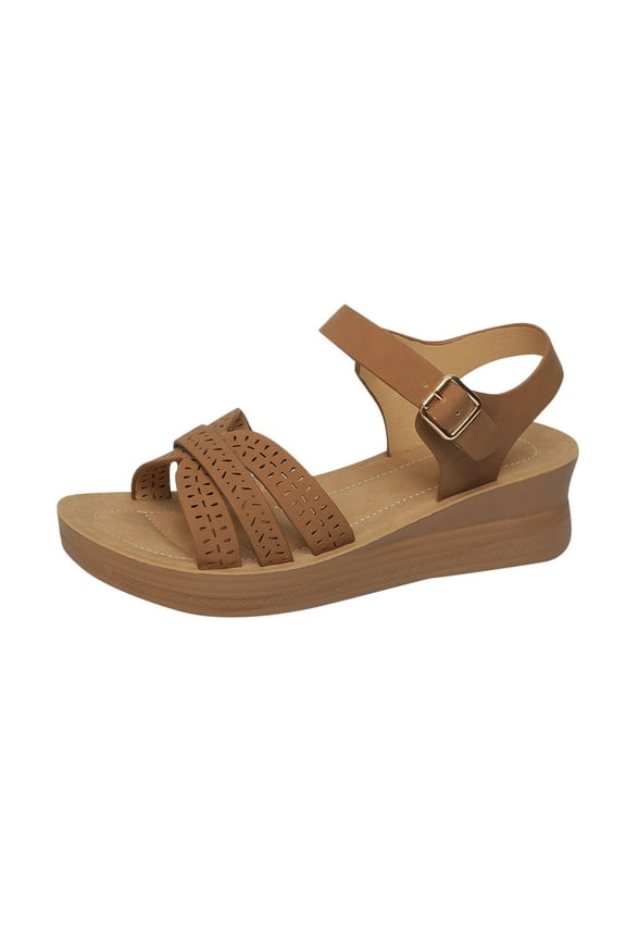 Brown Womens Sandals Casual Round Toe Open Toe One Strap Buckle Wedge Heel Thick Sole Lightweight Breathable For Spring Summer Everyday Wear Size 41