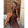 thumbnail image 1 of Brown Womens Shirred Vacation Dress With Flared Sleeves, Ruffle Hem, Textured Fabric, Midi Length, 1 of 8