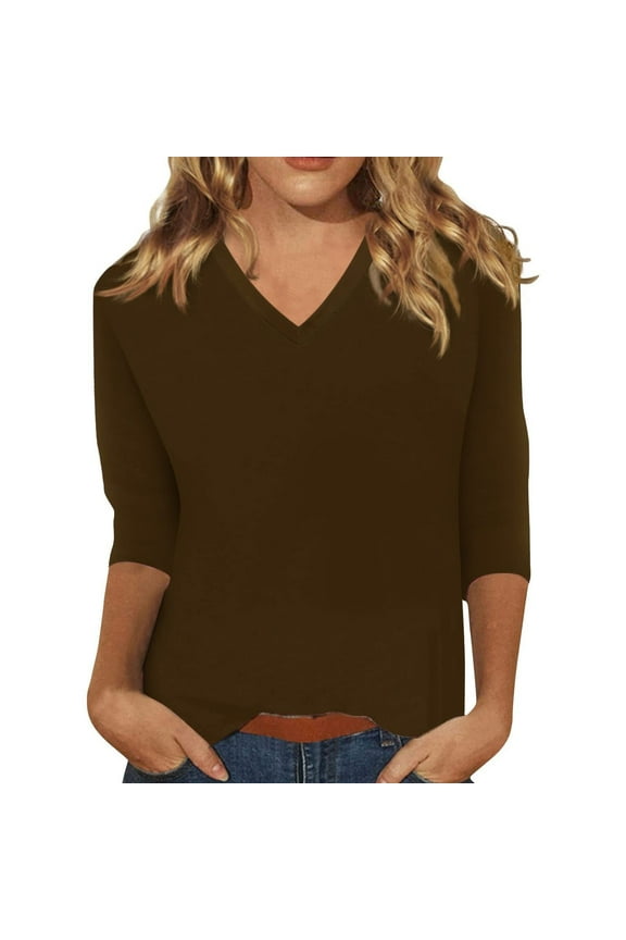 Brown Womens Shirts Womens Tops 3/4 Sleeve Summer Solid Plain Travel Cute Tops V Neck Slim Fit Half Sleeve Tshirts Shirts Spring Blouse Going Out Tops for Women