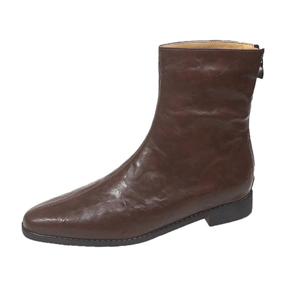 Brown Womens Short Boots With Pointed Toe And Back Zipper Chunky Heel For Everyday Winter