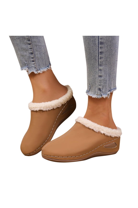 Brown Womens Slippers One Strap Wedge Heel Lined Warm Plus Size Casual Winter Fuzzy Slide Sandals Comfortable Indoor Outdoor