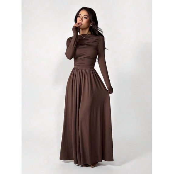 Brown Womens Solid Color Slim Fit Long Sleeve Maxi Dress Elegant Evening Party Dress