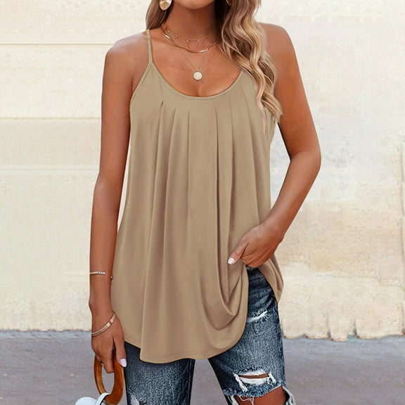 Brown Womens Summer Tops Women Pleated Top Shirt Spaghetti Strap Camisole Fit Casual Sleeveless Summer Tank Tops Fashion Shirt Tank Tops for women