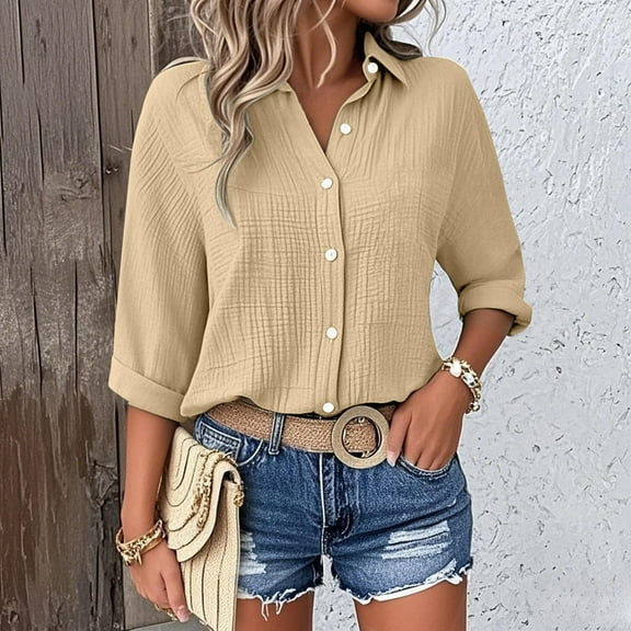 Brown Womens Summer Tops Women's Cotton Button Up Shirt With Rolled Sleeves And 7 Inch Sleeves Women's Summer Casual V Neck Beach Cotton Top Shirts for Women