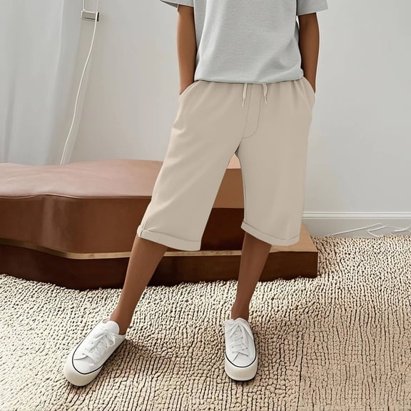 Brown Womens Sweatpants Shorts for Women Knee Length Cotton Linen Elastic Waist Shorts Summer Pants with Pockets Casual Pants Women