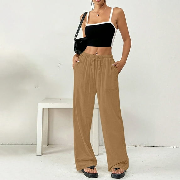 Brown Womens Sweatpants Women's Spring and Summer Thin Solid Color Cotton and Linen Pocket Pants Casual Pants Casual Pants Women