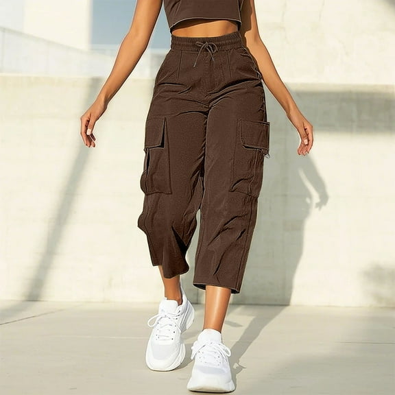 Brown Womens Sweatpants Womens Daily Elastic Waist Pockets Straight Solid Color Casual Pants Loose Pockets Cargo 3/4 Length Trousers Sweatpants Womens Fashion