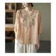 thumbnail image 1 of Brown Womens Tops Floral Tops Cotton Linen Shirts Boho Ethnic Style Tee Women 3/4 Sleeve V Neck Button Tunic Tshirt Shirts for Women, 1 of 4