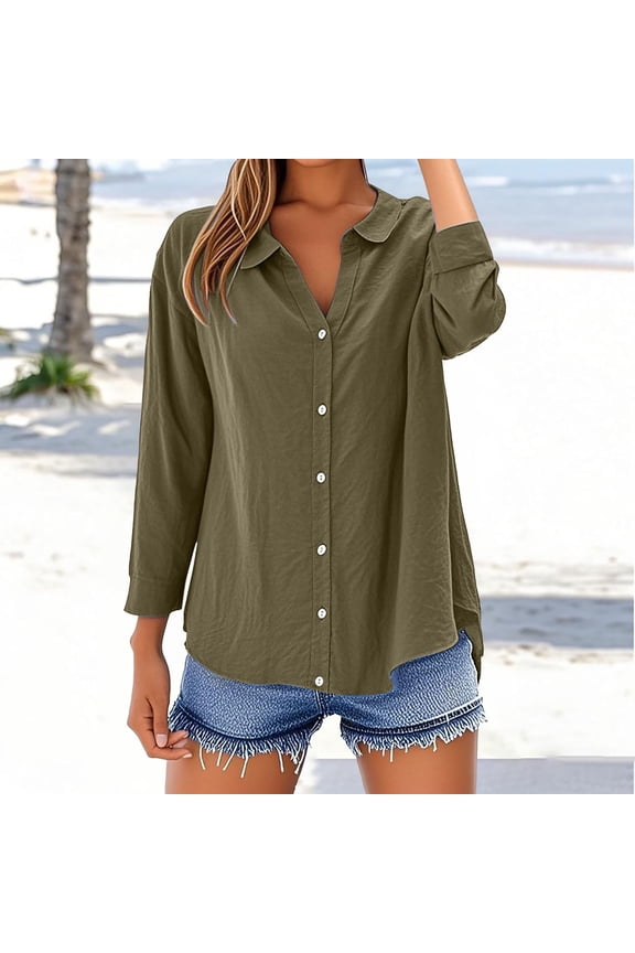 Brown Womens Tops Loose Shirt Top Stand Solid Color Long Sleeve Lapel Collar Casual Women's Shirt Women's Shirts for Women