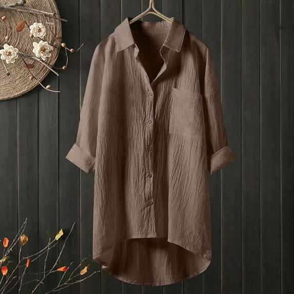 Brown Womens Tops Muslin Blouse Women's Cotton Linen Long Sleeve V Neck Loose Casual Tops Plain Oversize Linen Blouse Button Down Lightweight Shirts for Women