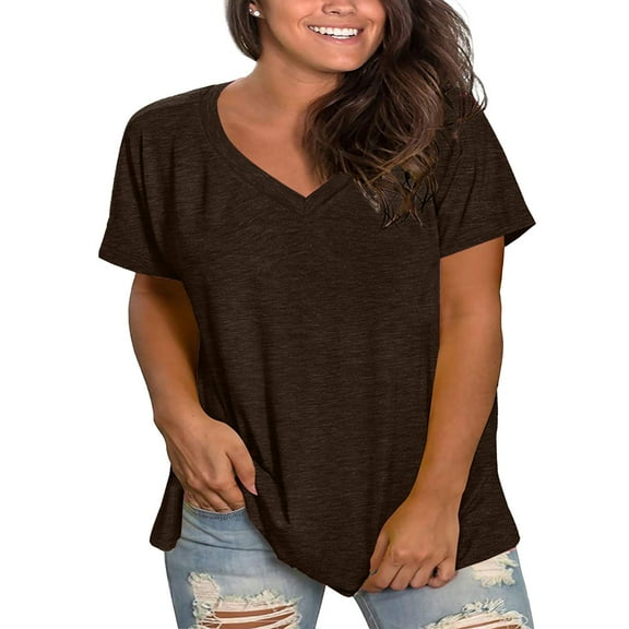 Brown Womens Tops Plus Size V Neck T Shirts Women Short Sleeve Tops Casual Summer Tshirts Loose Fit Tee Shirts for Women