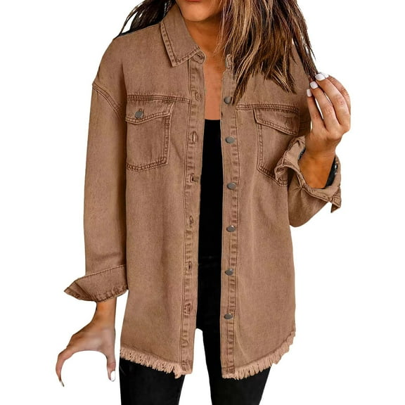 Brown Womens Tops Washed Denim Shirt Jacket Fashion Casual Hem Women's Jacket Shirts for Women