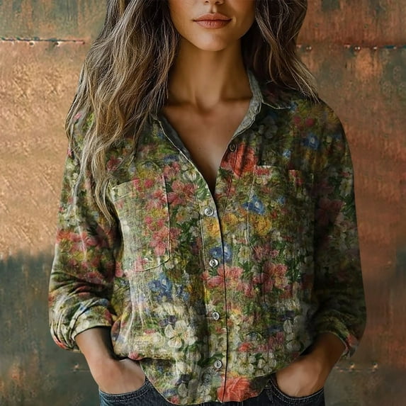 Brown Womens Tops Women Cotton Shirt Printed Fashion Button Down Shirts Casual Tops Long Sleeve Blouse Shirts for Women