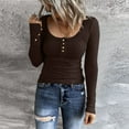 thumbnail image 1 of Brown Womens Tops Women Long Sleeve Henley T Shirts Button Down Slim Fit Tops Scoop Neck Ribbed Knit Shirts Shirts for Women, 1 of 5